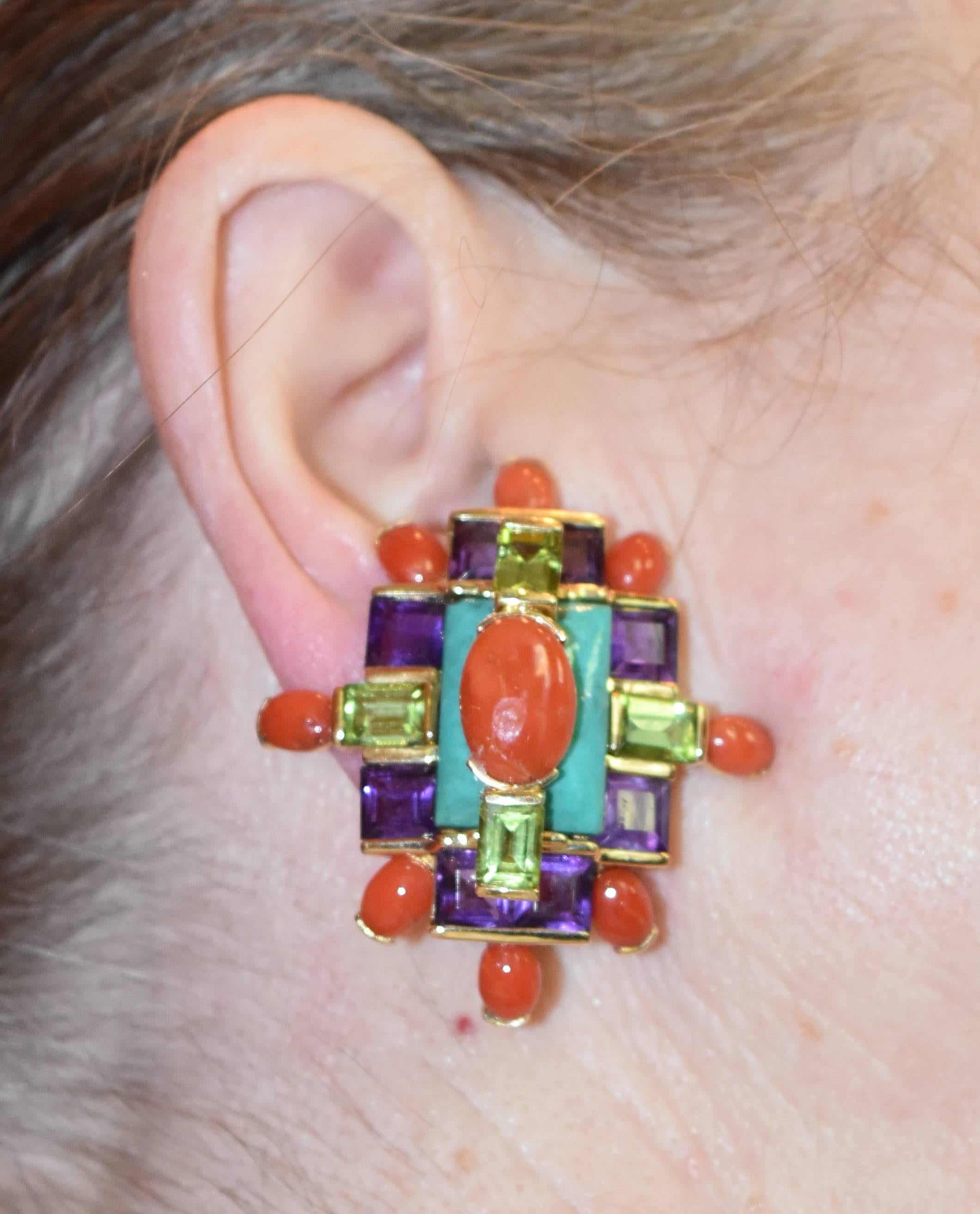 Sensational Coral Turquoise Amethyst Peridot Earrings; hand crafted in 18k Gold by Tony Duquette, Designer Extraordinaire! 1.75