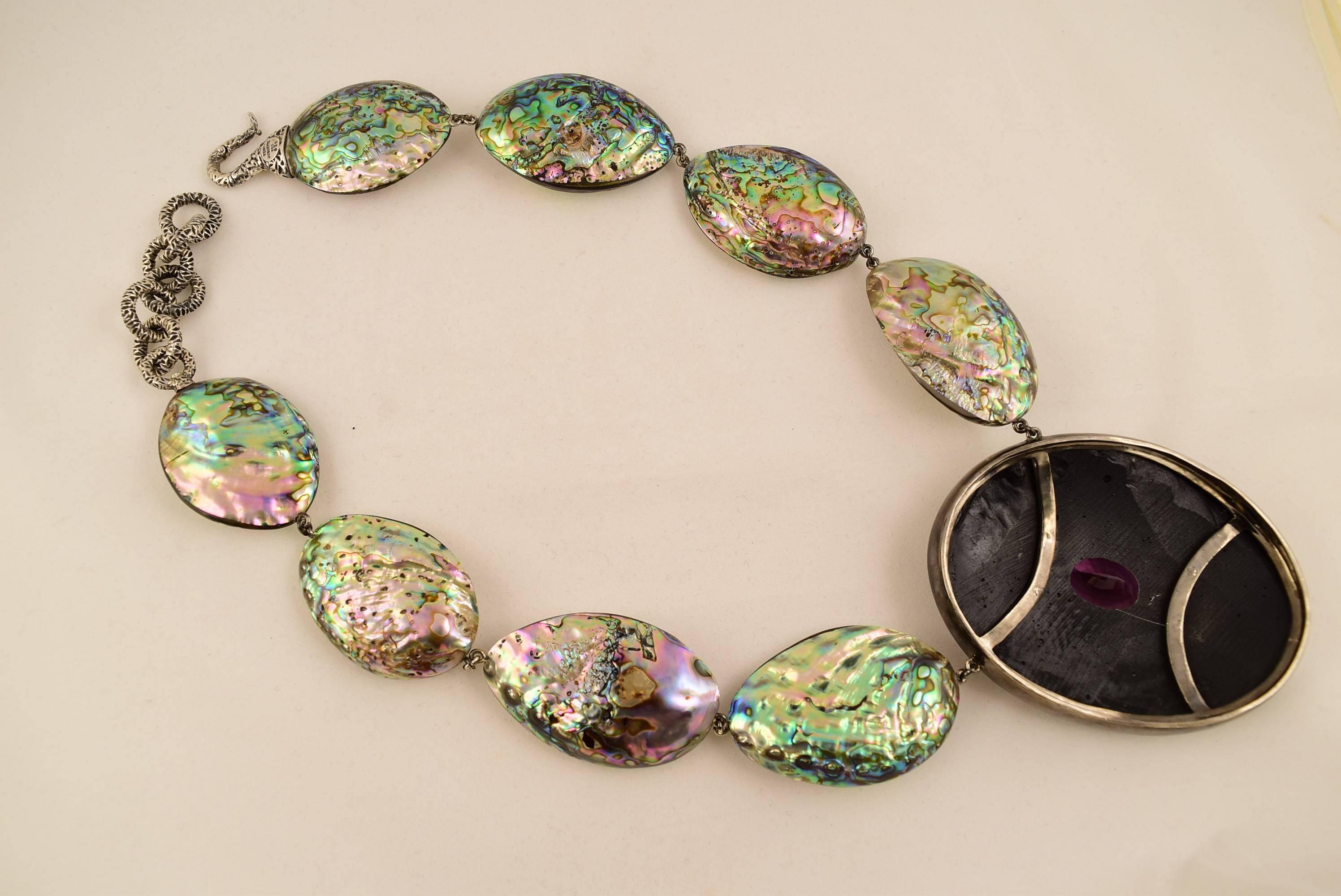 Sensational Abalone, Amethyst Necklace; hand crafted in Silver and 18k Gold by Tony Duquette, Designer Extraordinaire! Amethyst (app. 55 ct.) signed: TONY DUQUETTE 18K 925. Outstanding…A Piece of Timeless Beauty! 
