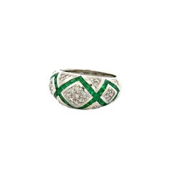 Vintage Emerald and Diamond Crossed Hatch Gold Dome Band Ring