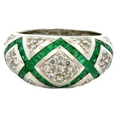 Vintage Emerald and Diamond Crossed Hatch Gold Dome Band Ring