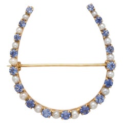 Vintage Victorian Sapphire and Seed Pearl Gold Horseshoe Brooch Pin
