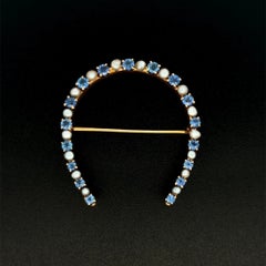 Vintage Victorian Sapphire and Seed Pearl Gold Horseshoe Brooch Pin