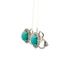 Vintage Cabochon Turquoise and Diamond Gold Clip Earrings Estate Fine Jewelry