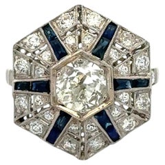 Anello esagonale vintage in platino con diamanti e zaffiri – Gioielli di pregio da collezione