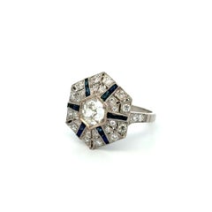 Vintage Diamond and Sapphire Platinum Hexagon Ring Estate Fine Jewelry