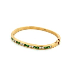 Diamond and Tsavorite Alternating Channel Set Gold Bangle Bracelet Estate Fine