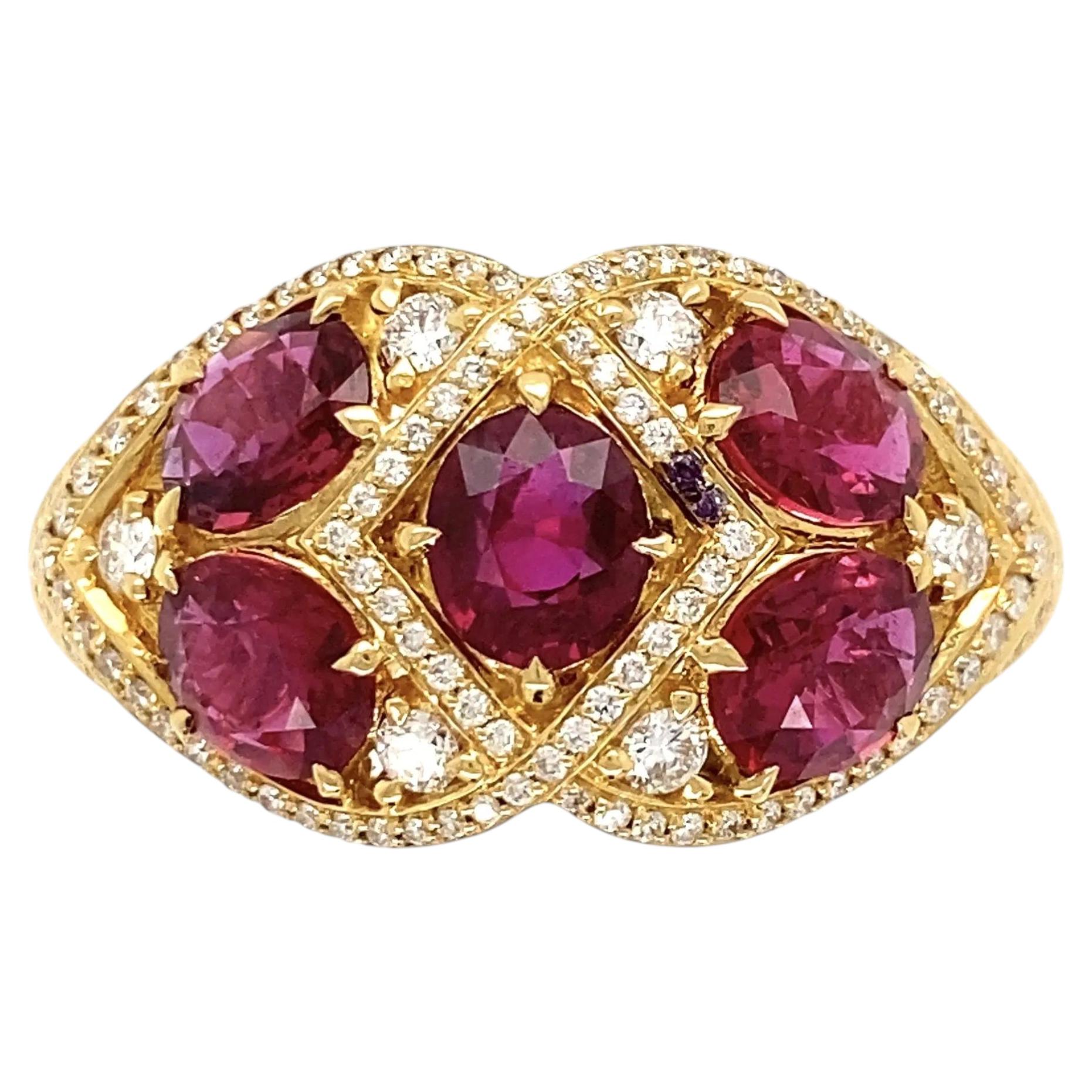 Vintage KAT FLORENCE Designer NO HEAT Rubies and Diamond Statement Cocktail Ring For Sale