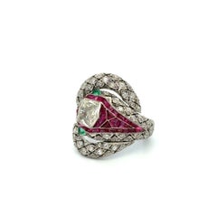 Vintage 1.11 Carat Fancy Diamond, Ruby and Diamond Platinum Snake Serpent Ring