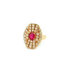Vintage 1.16 Carat Burma Ruby GIA and Diamond Gold Fan Navette Cocktail Ring