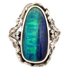 Vintage 11.22 Carat Boulder Opal and Diamond Platinum Ring Fine Estate Jewelry