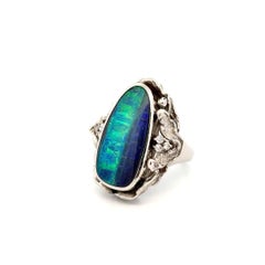 Vintage 11.22 Carat Boulder Opal and Diamond Platinum Ring Fine Estate Jewelry
