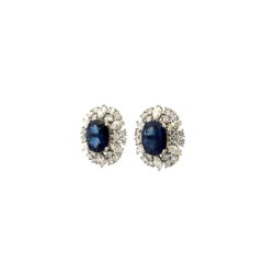 Vintage Oval Sapphire and Diamond Platinum Stud Earrings Fine Estate Jewelry