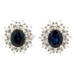 Vintage Blue Sapphire and Diamond Platinum Stud Earrings Fine Estate Jewelry