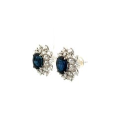 Vintage Blue Sapphire and Diamond Platinum Stud Earrings Fine Estate Jewelry