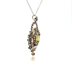 Victorian Multi-Gem Silver on Gold Giardinetto Flower Basket Pendant Necklace