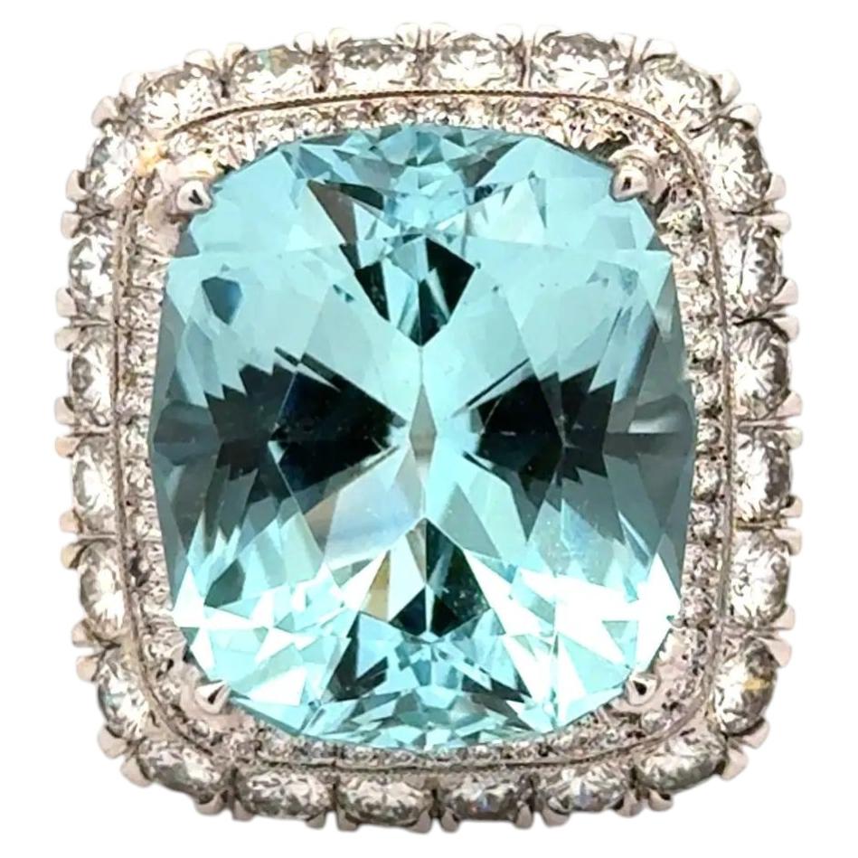 Vintage 24.04 Carat Cushion Aquamarine and Diamond Platinum Statement Ring For Sale