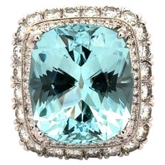 Vintage 24.04 Carat Cushion Aquamarine and Diamond Platinum Statement Ring