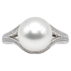 Vintage 10.8mm Mikimoto Pearl and Diamond Gold Cocktail Ring Fine Estate Jewelry