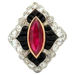 Vintage 1.60 Carat Marquise Ruby, Onyx and Diamond Platinum Navette Ring
