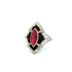Vintage 1.60 Carat Marquise Ruby, Onyx and Diamond Platinum Navette Ring