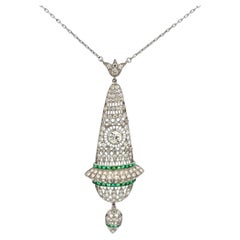 Vintage Diamond and Emerald Platinum Pendant Necklace Fine Estate Jewelry