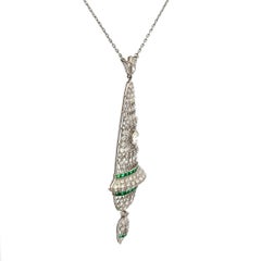 Vintage Diamond and Emerald Platinum Pendant Necklace Fine Estate Jewelry