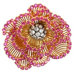 Vintage 1960s Mid Century Modern Pink Sapphire and Diamond Flower Brooch Pin