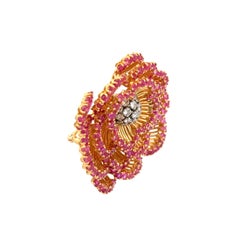 Vintage 1960s Mid Century Modern Pink Sapphire and Diamond Flower Brooch Pin
