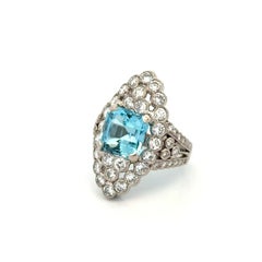 Vintage 4.07 Carat Asscher Aquamarine Gemstone and RBC Diamond Gold Navette Ring