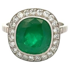 Vintage 4.17 Carat Cushion Columbian Emerald and Diamond Platinum Statement Ring