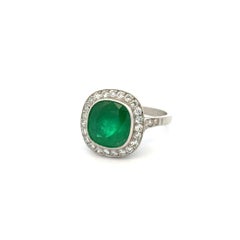Vintage 4.17 Carat Cushion Columbian Emerald and Diamond Platinum Statement Ring