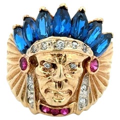 Vintage Indian Head Diamond Blue and Red Stone Gold Ring