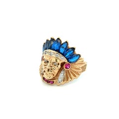 Vintage Indian Head Diamond Blue and Red Stone Gold Ring
