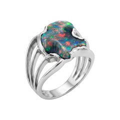 Vintage 4.25 Carat Freeform Black Opal Red, Green, Blue Gold Split Shank Ring