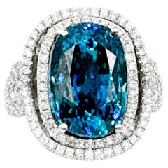 18.77 Carat Cushion Blue Zircon and RBC Diamond Vintage Statement Ring