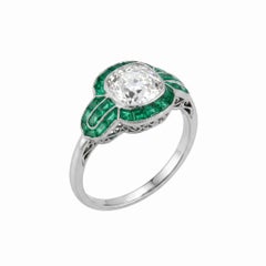 Vintage 2.20 Carat Old Mine Cushion Diamond and Emerald Platinum Filigree Ring