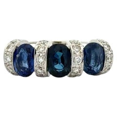 Vintage 3 Stone Sapphire and Diamond Platinum Band Ring Fine Estate Jewelry