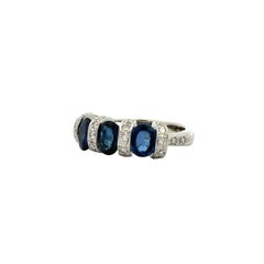 Vintage 3 Stone Sapphire and Diamond Platinum Band Ring Fine Estate Jewelry