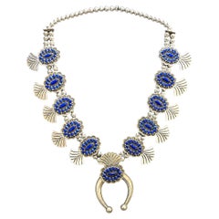 Vintage Native American Super Fine Lapis Sterling Silver Squash Blossom Necklace