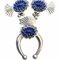 Vintage Native American Super Fine Lapis Sterling Silver Squash Blossom Necklace