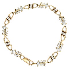 Vintage Marquise and RBC Diamond Gold Stirrup Link Bracelet Fine Estate Jewelry