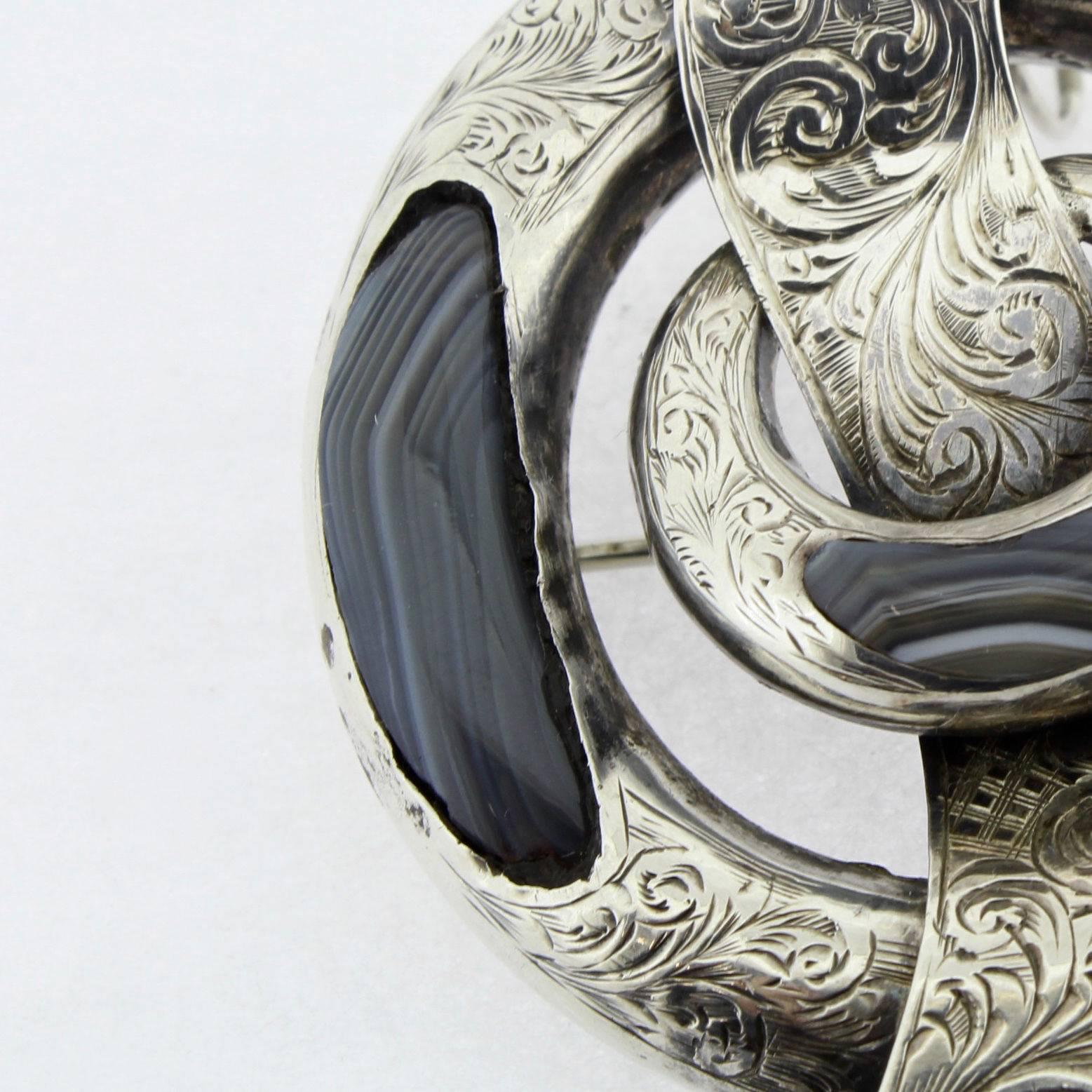Antique Victorian Scottish Agate Sterling Silver Garter Buckle Brooch Pin 1