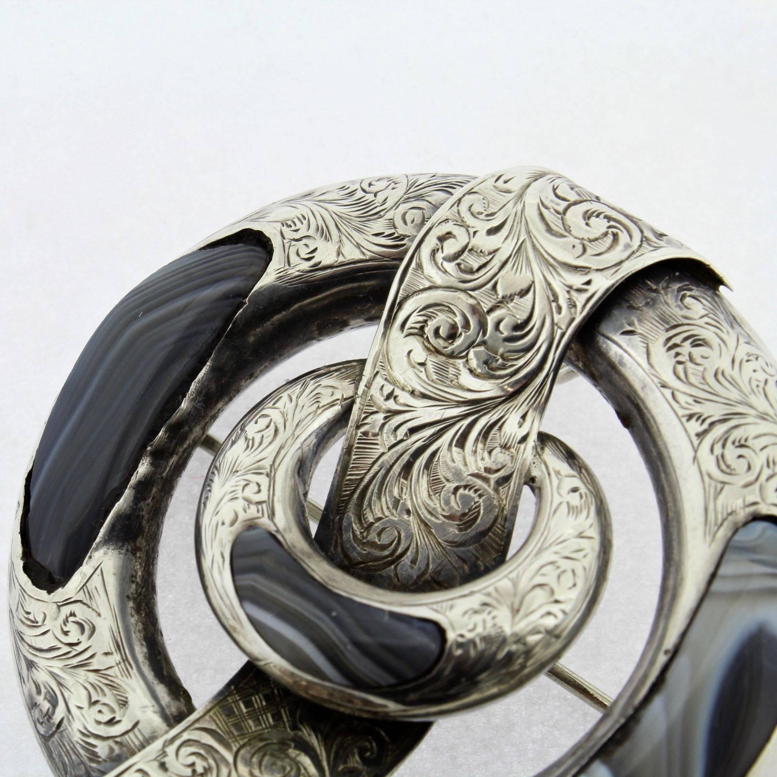 Women's or Men's Antique Victorian Scottish Agate Sterling Silver Garter Buckle Brooch Pin