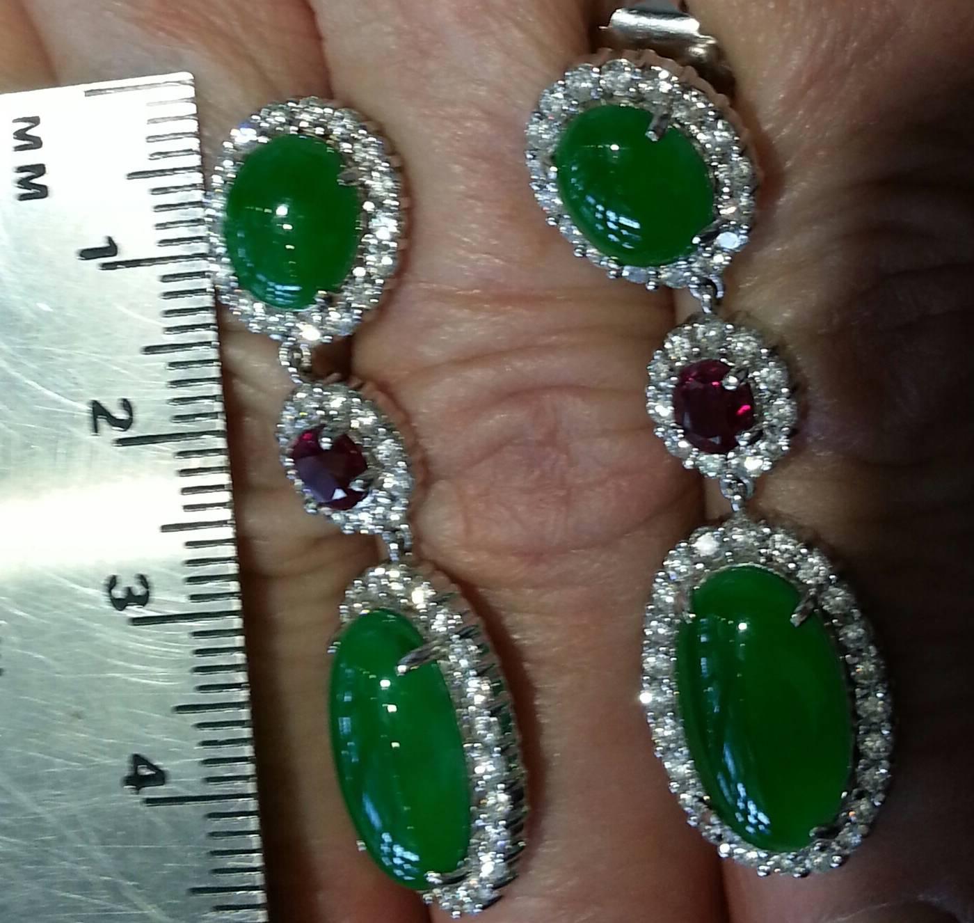 Women's Natural Jade Ruby Diamond Gold Drop Earrings