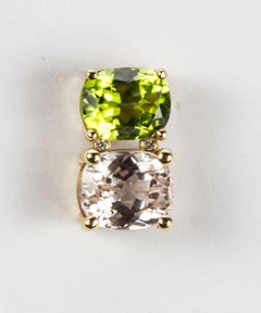 Exquisite Cushion-Cut Peridot and Pink Kunzite Gold Stud Earrings