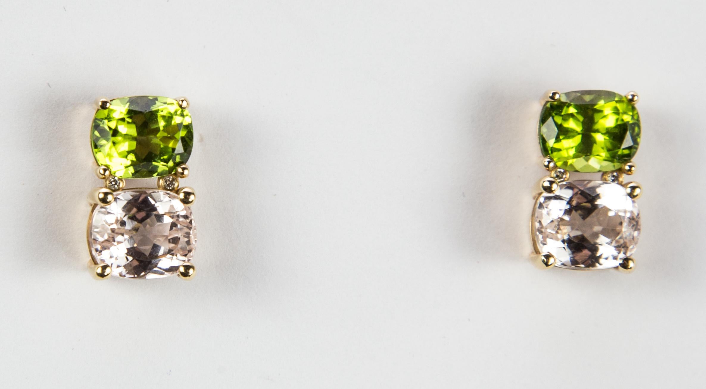 Cushion Cut Exquisite Cushion-Cut Peridot and Pink Kunzite Gold Stud Earrings For Sale