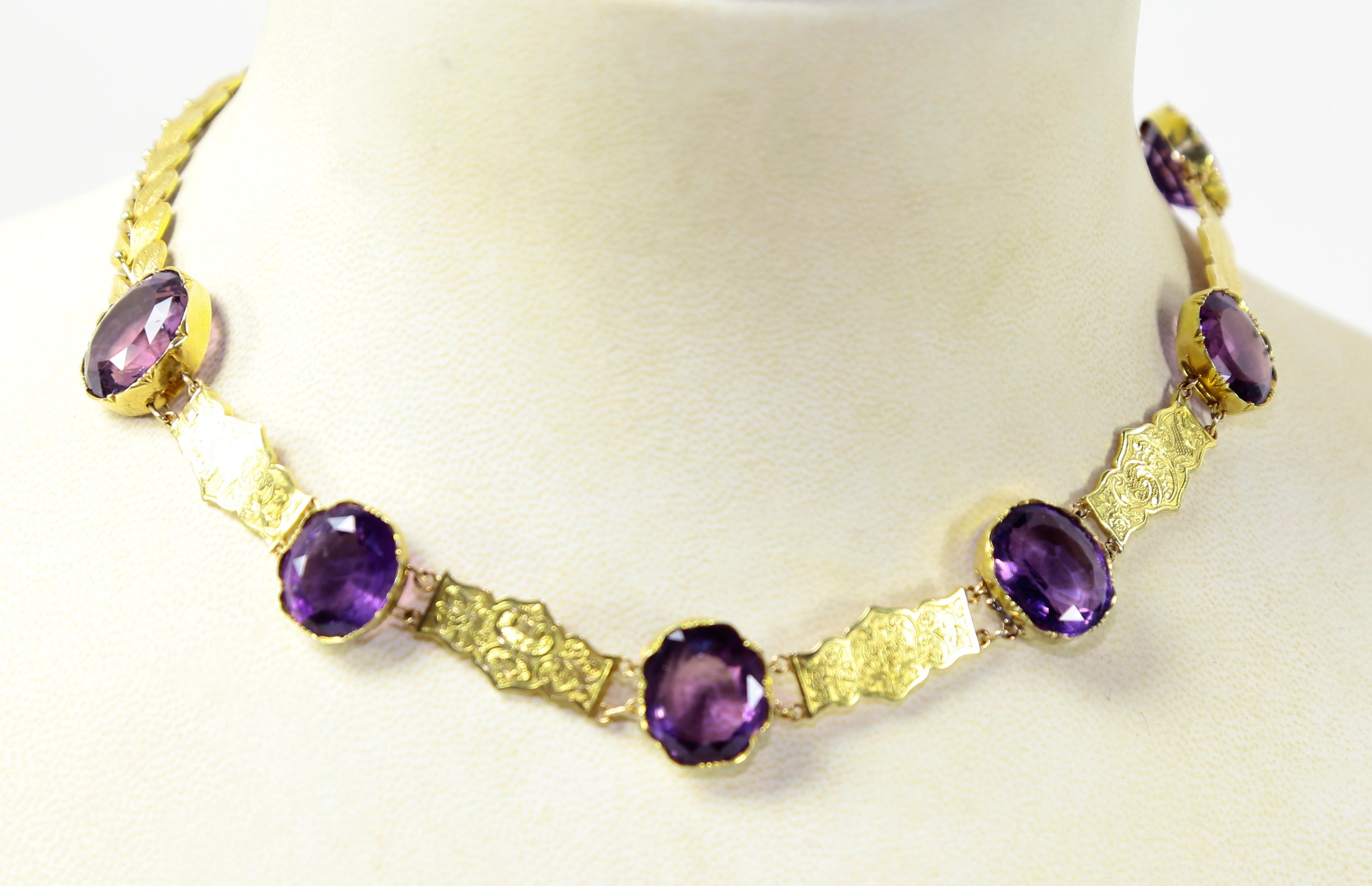 Mixed Cut Amethyst and Diamond Vintage Gold Crown Edwardian Brooch and Necklace For Sale