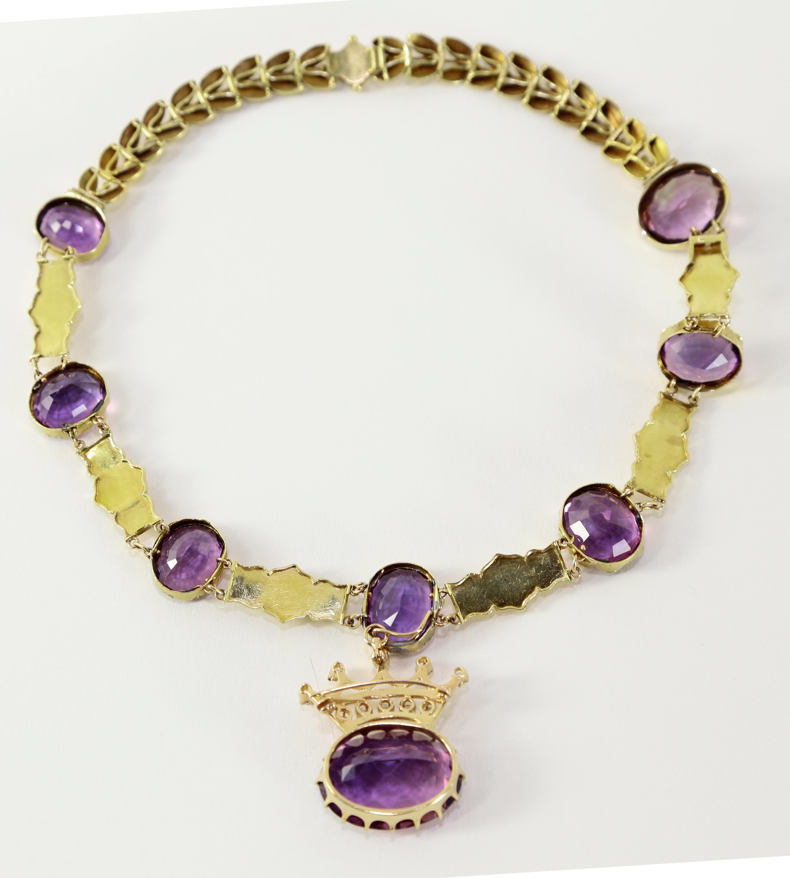 Women's Amethyst and Diamond Vintage Gold Crown Edwardian Brooch and Necklace For Sale