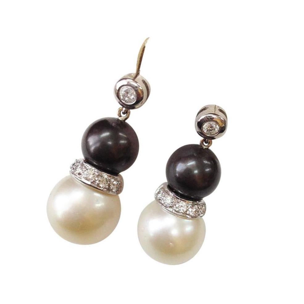 Mixed Cut Tahitian and White South Sea Pearl and Diamond Gold Earrings Estate Fine Jewelry