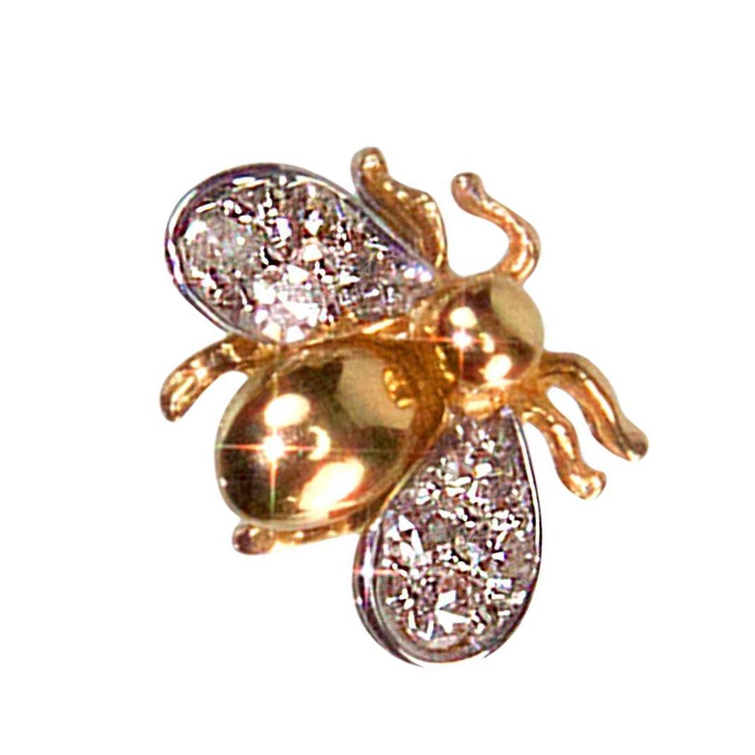 Adorable Gold Fly Pin with Bulbous Gold Body and Diamond set Wings. Hand Crafted in 14K Yellow Gold. Approx. size: 0.50